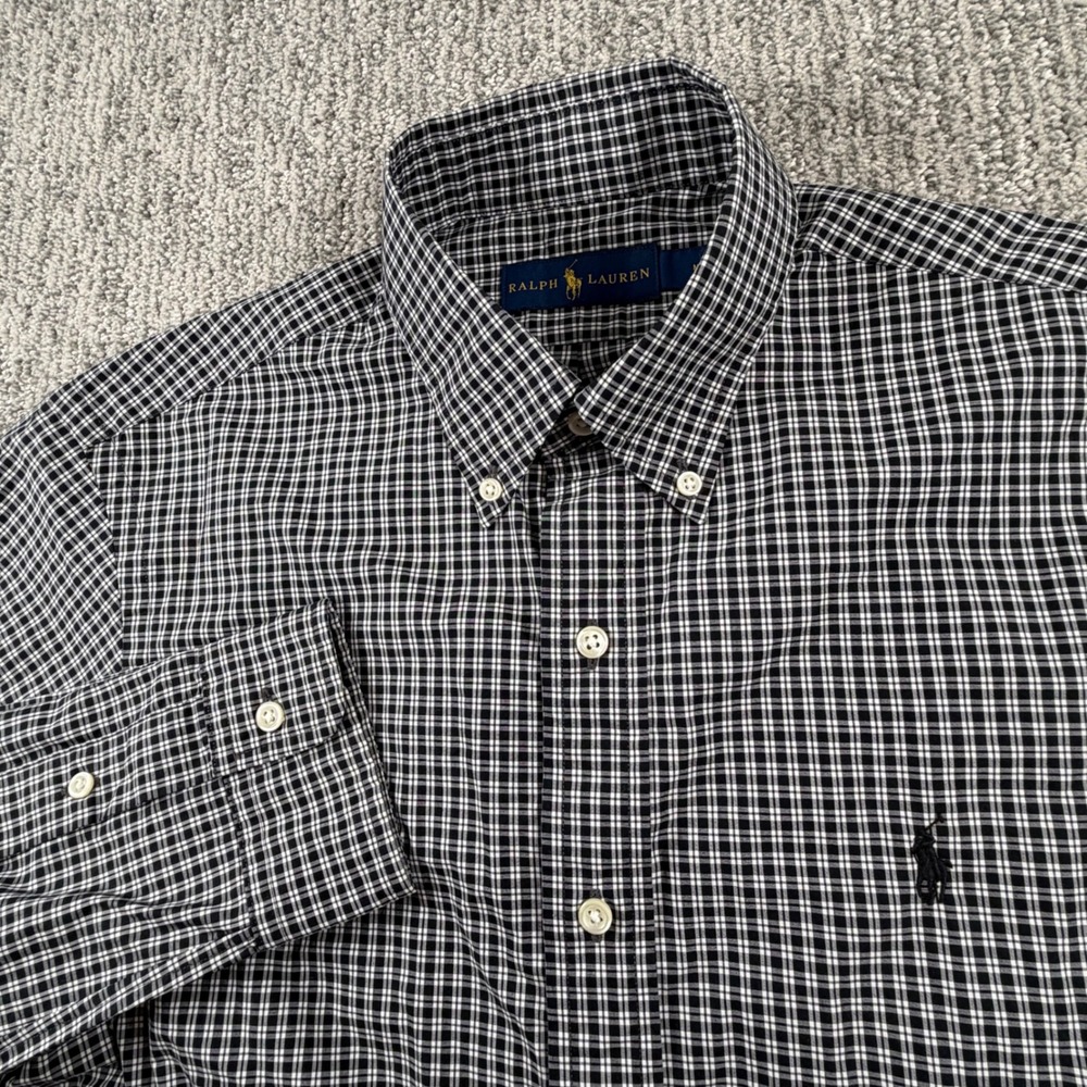 Polo Ralph Lauren Button Down Shirt Men M Black White Gingham Long Sleeve Cotton